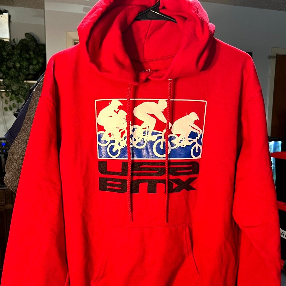 USA BMX Hanes Comfort Blend Eco Smart Red Graphic Print Pullover Hoodie SZ Med